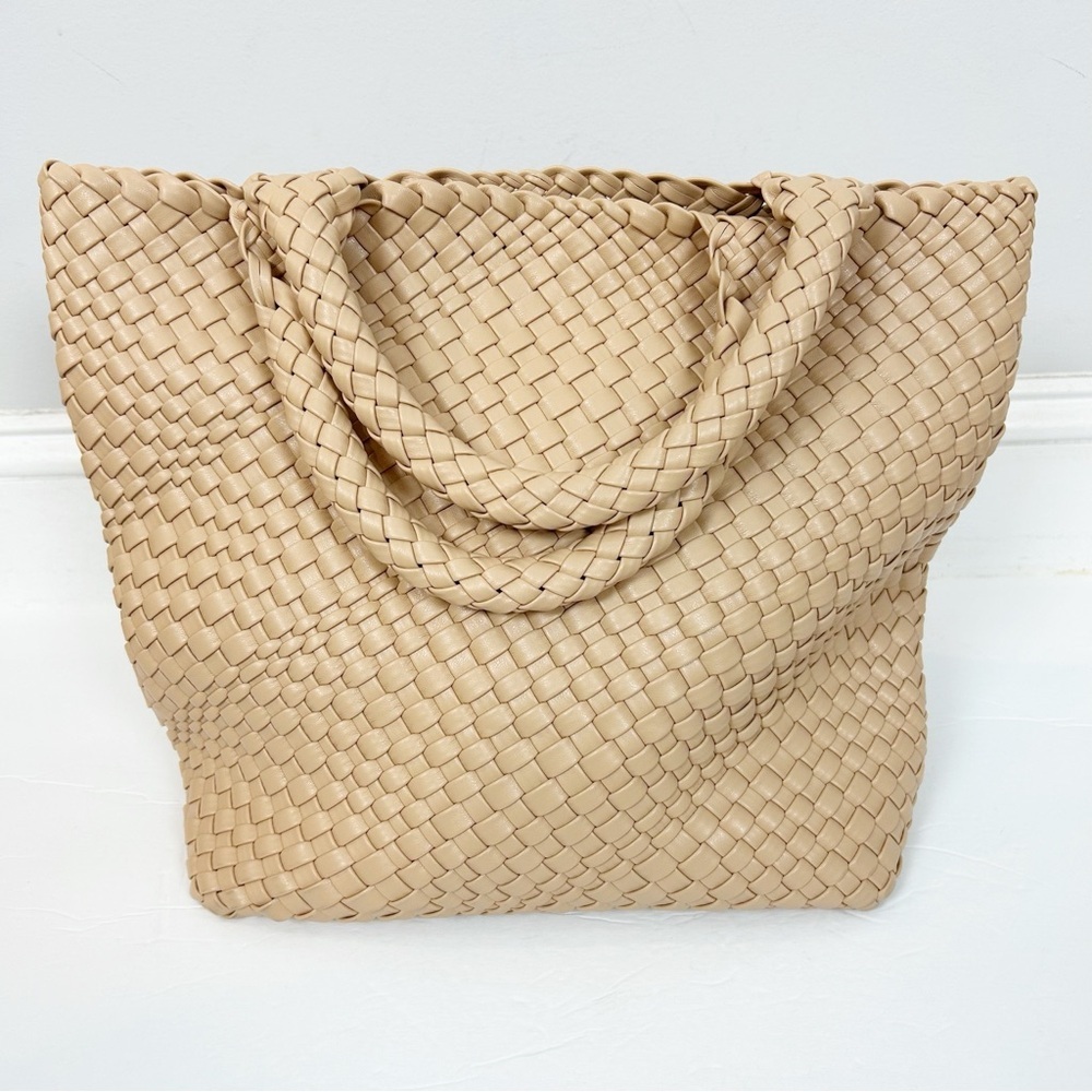 Tan Woven Tote Bag with Basketweave Design
